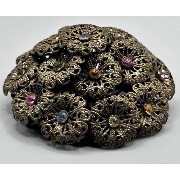 Vintage Czech Brass and Rhinestone Domed Filigree Pin Brooch - Picture 7 of 10